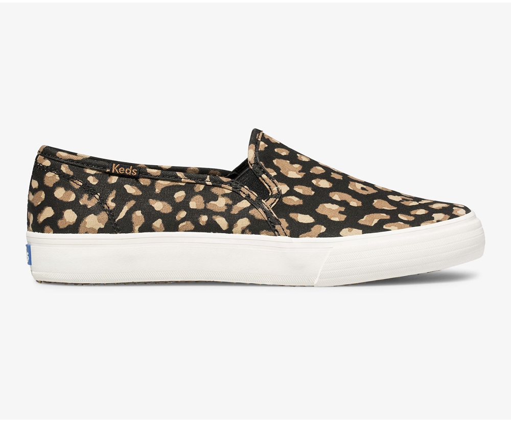 Keds Womens Slip Ons Black/Leopard - Washable Double Decker Animal - 912QMBXJO